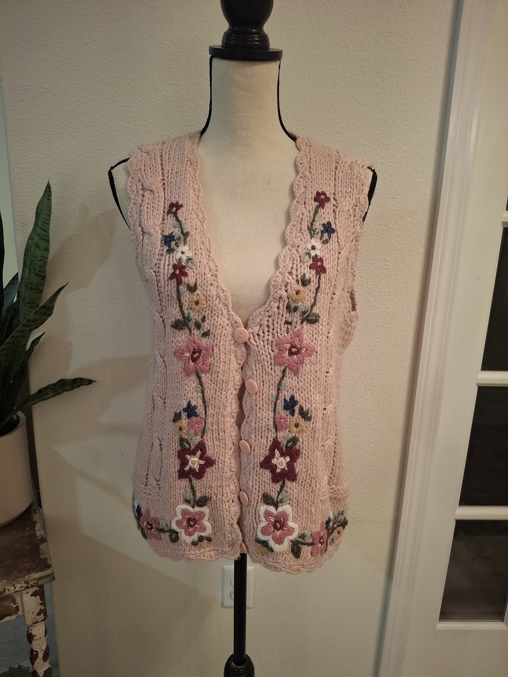 Bobbie Brooks Pink Floral Knit Button-Up Sweater Vest